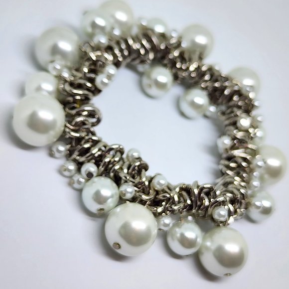 Vintage Woven Silver Chain Pearl Dangle Bead Bridal Dressy Stretch Bracelet - Picture 7 of 9